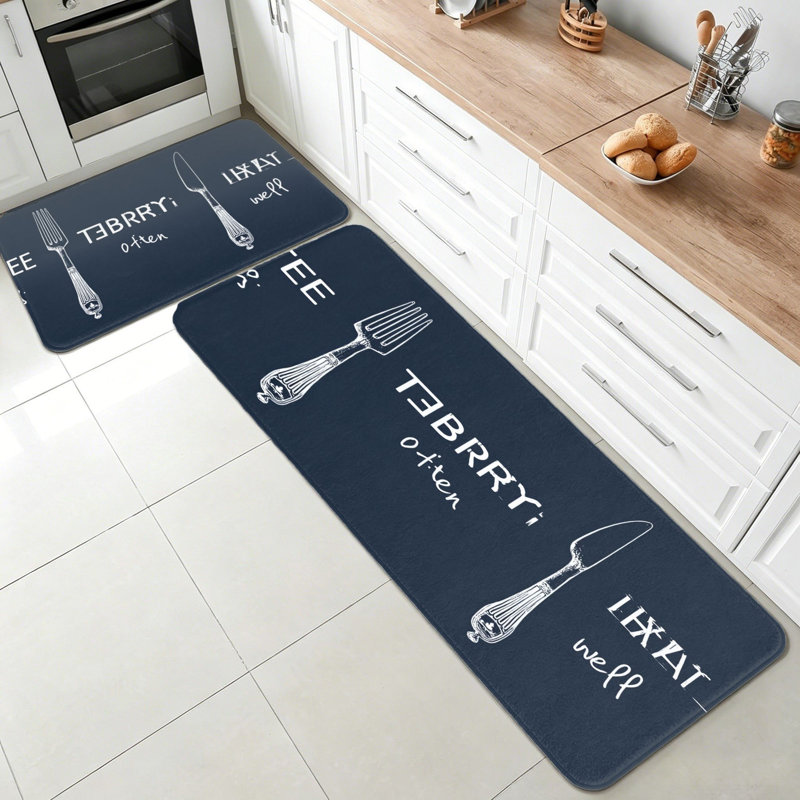 Vintage Fork Knife Eat Laugh Live Abstract Kitchen Rugs Set of 2 Dark Navy, Kitchen, Sunroom