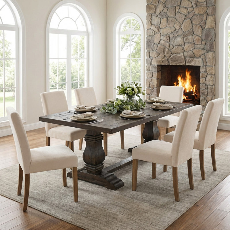 Fabric Upholstered Dining Chairs High Back Parsons Kitchen Chairs With Solid Wood Feet, Beige