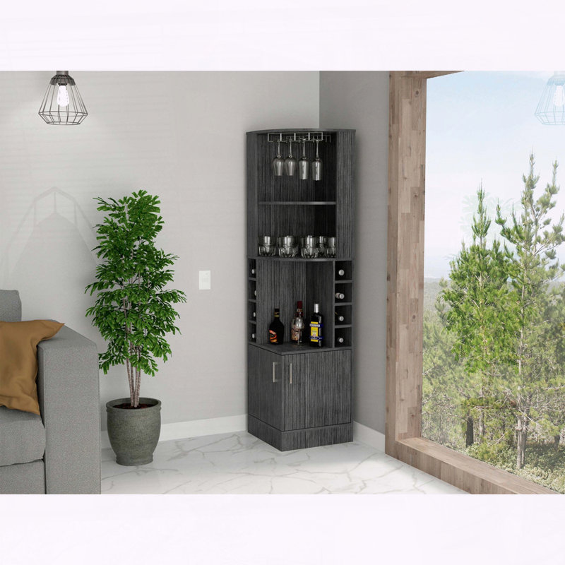 Syrah Corner Bar Cabinet with Wine Glass Rack and Bottle Cubbies