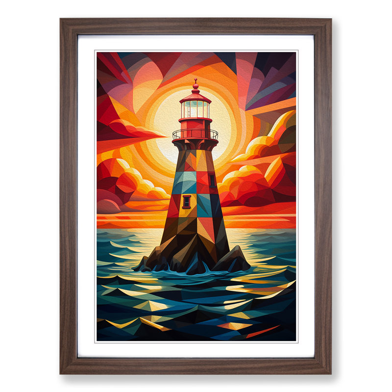 Lighthouse Geometric - Single Picture Frame Print on Wood, Walnut Framed, 64cm H x 46cm W x 2cm D