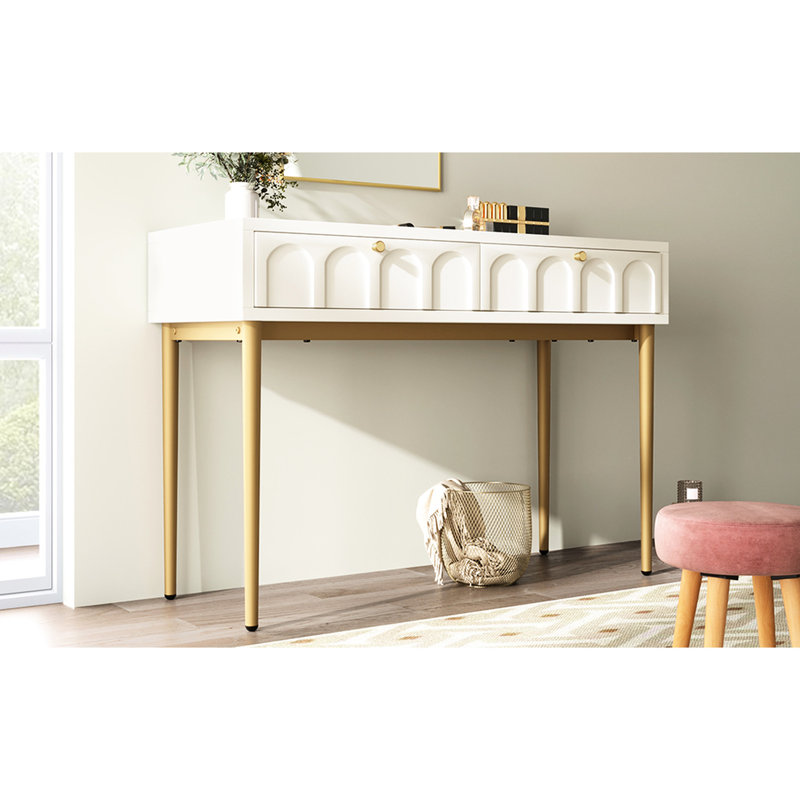 Coiffeuse moderne avec surface blanc crème et structure en métal avec 2 tiroirs pour plus de fonctionnalité