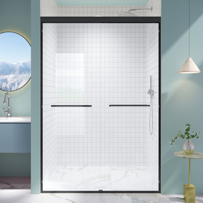 Porte coulissante double 44-48 "x H 72" avec porte coulissante pour porte de salle de bain avec verre trempé 1/4 "(6mm) et film antidéflagrant, installation réversible pour douche à l'italienne, noir mat