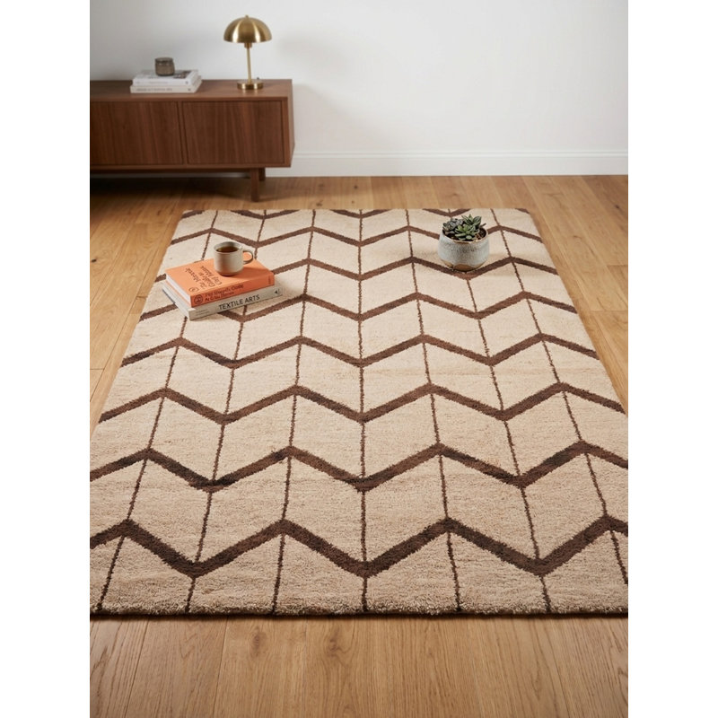 Tapis d'intérieur rectangulaire en laine beige et marron, fait main, à motifs géométriques et noué à la main
