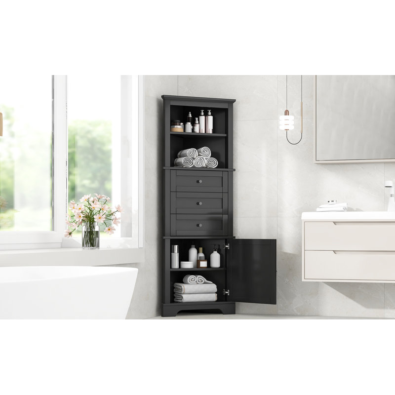 Jorvik Modern Corner Storage Cabinet With Adjustable Shelves And Water-Resistant MDF, Black
