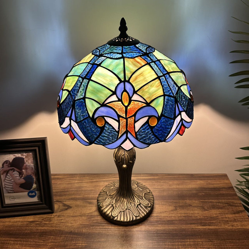 Nioclas Blue and Green Stained Glass Table Lamp with Bronze Base