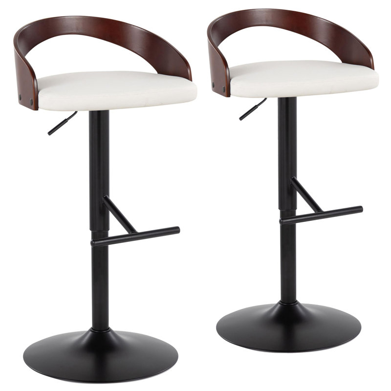 Laurenzio Adjustable Bar Stool with Straight T Footrest, White, Black/Mahogany