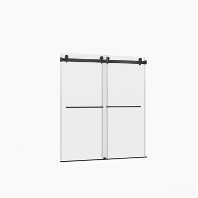 Porte de douche coulissante double sans cadre de 56 à 60 po x H 70 po, verre trempé clair de 5/16 po (8 mm) de large épaisseur, couche facile à nettoyer à double face, fini noir mat avec tampon