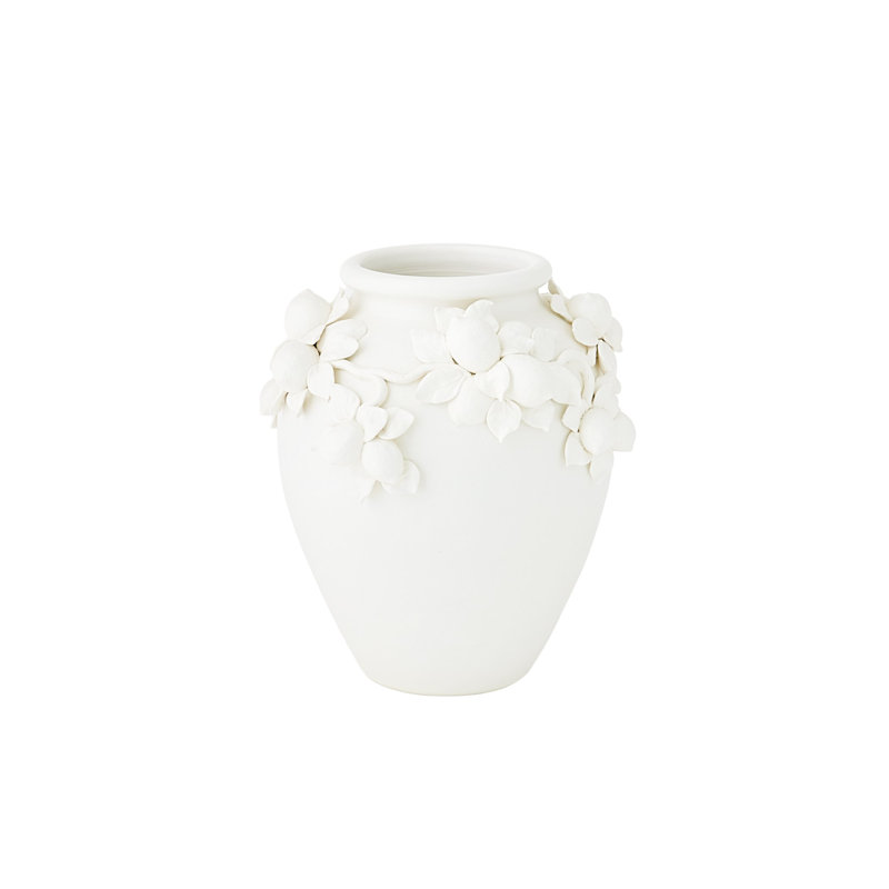 Matte White Ceramic Decorative Urn with Floral Design