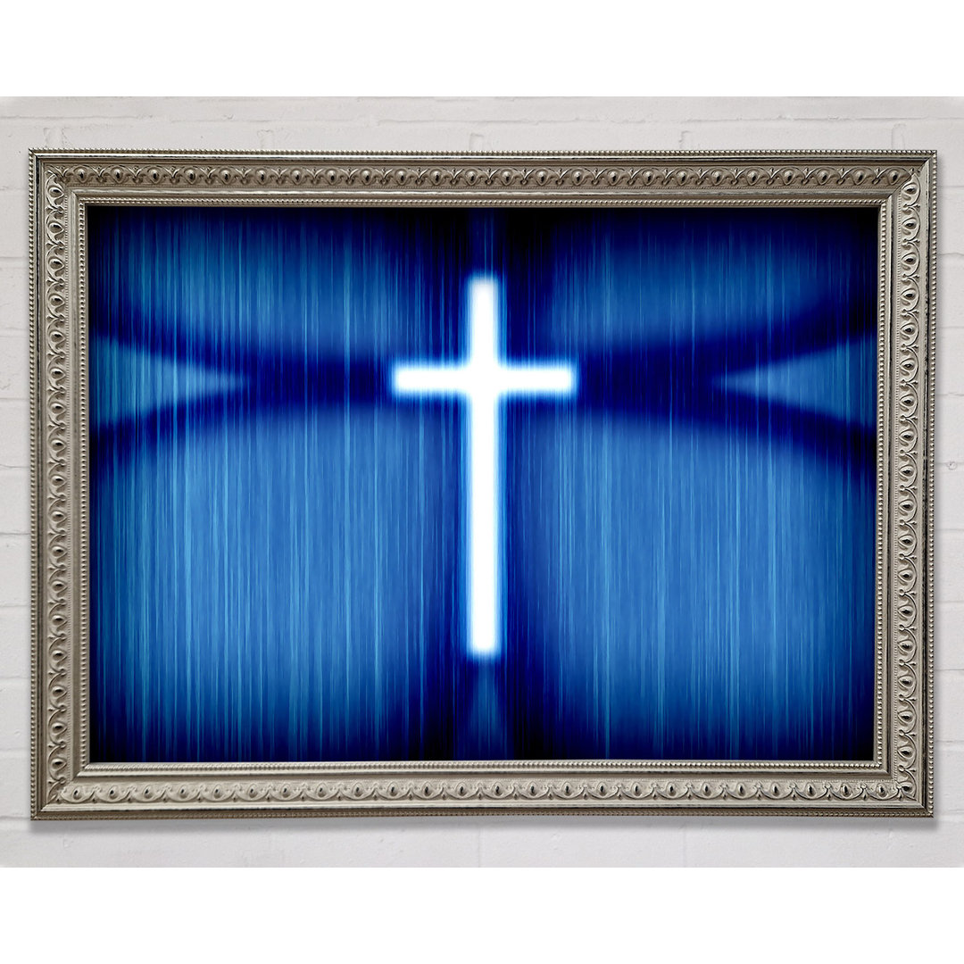 Christliches Silbernes Kreuz Blauer Hintergrund Gerahmter Druck