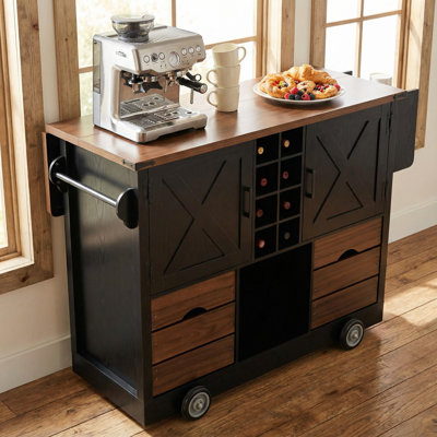 54" Farmhouse Kitchen Island on Wheels with Drop-Leaf, Power Outlet & Wine Rack | Black Mobile Prep Station, Breakfast Bar & Home Server