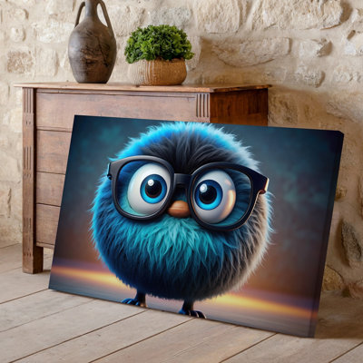 Toile d'un personnage rond fantaisiste avec un corps texturé moelleux dans des nuances de bleu et de noir avec art mural surdimensionné expressif