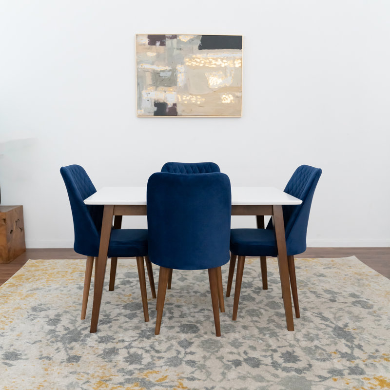 Fredy 4 - Person White Top Solid Wood Dining Set with Velvet Upholstered Chairs, Navy Blue, 29.7" H x 47.2" L x 29.7" W