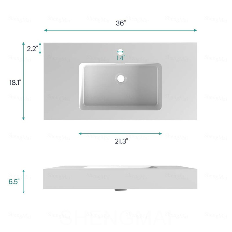 Bassin intégré à surface solide SANS drain et robinet, White
