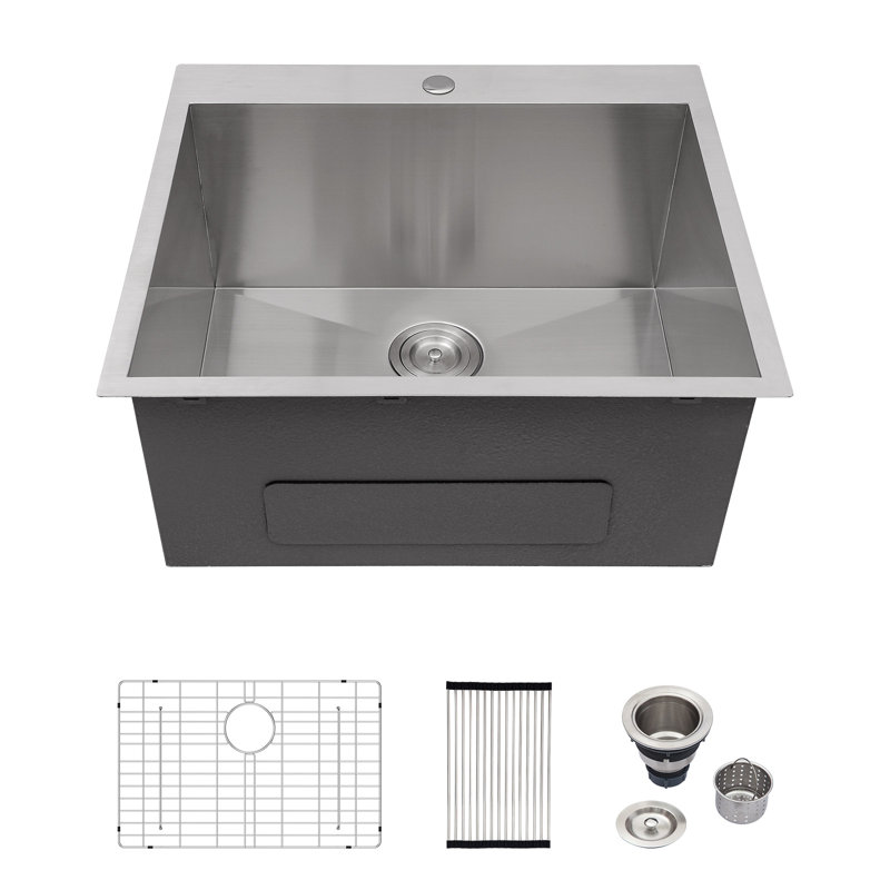 25" x 22" x 12" 16 Gauge Topmount Drop-in Stainless Steel Laundry Utility Sink Single Bowl Kitchen Sink with Bottom Grid