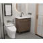 L'armoire de salle de bain brune de 30 pouces avec une porte à lattes à motif horizontal, jumelée à un bassin en céramique blanche, présente un design moderne à la fois imperméable et durable.