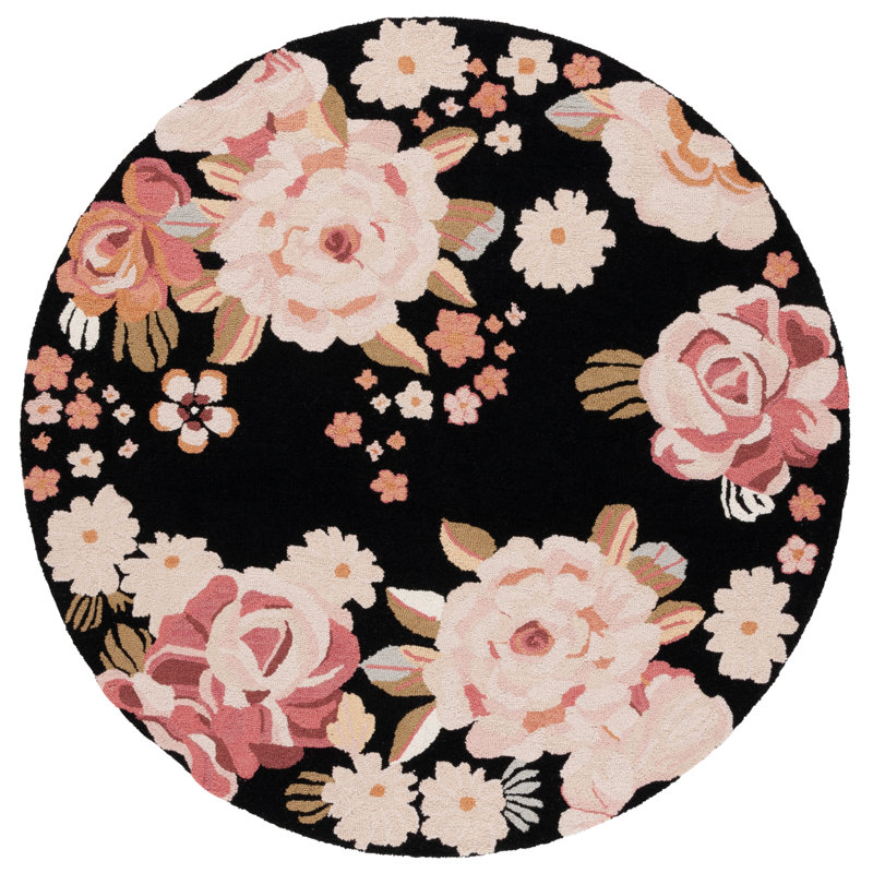 Tapis floral en laine touffeté à la main noir / rose Abren, Rond 6 po