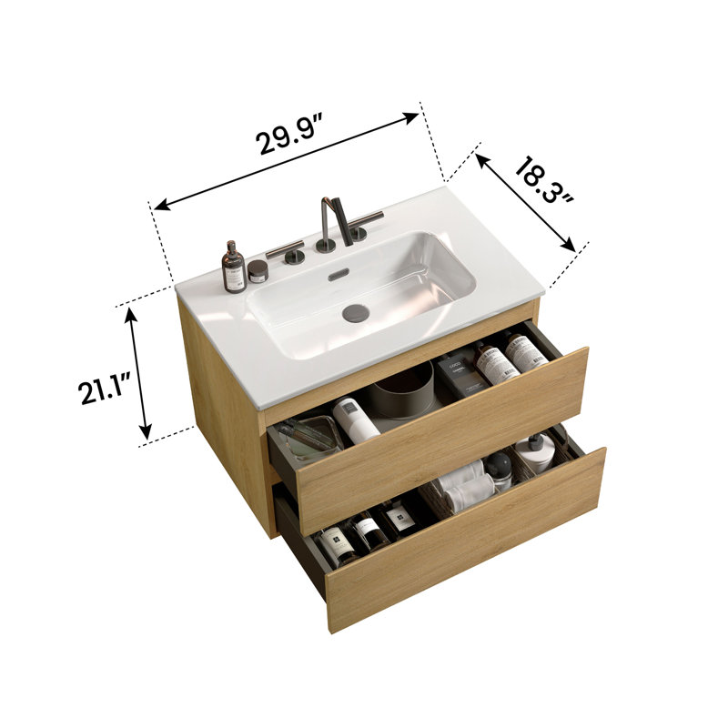 Meuble-lavabo mural en chêne naturel de 30 po avec lavabo en céramique avec trois trous de robinet, grand meuble-lavabo flottant de rangement pour salle de bain moderne, pré-assemblé