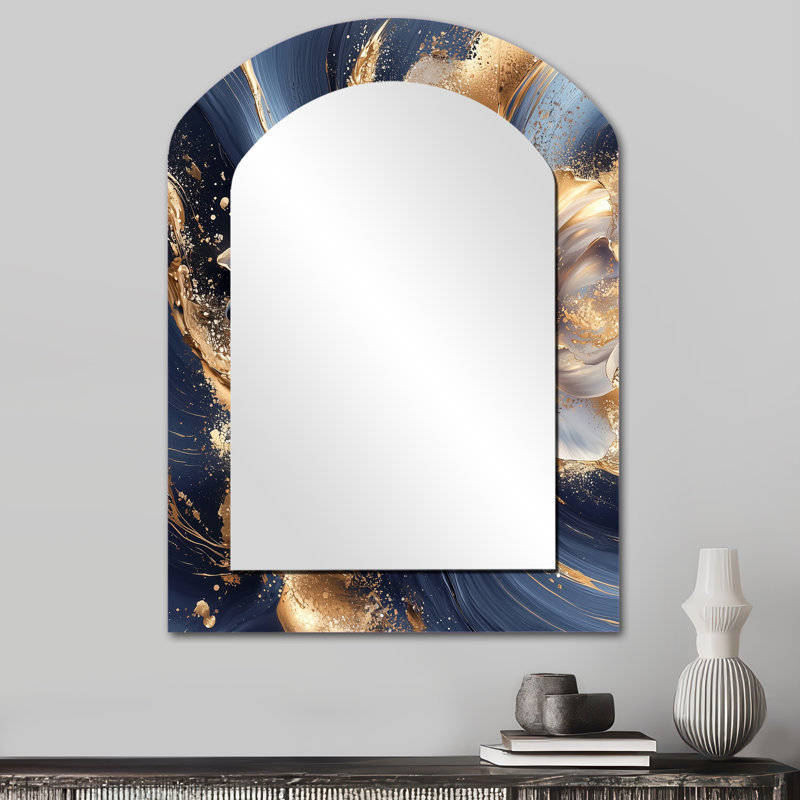 Golden Dream Peony Flower I - Grand miroir mural arqué sur métal, 34 po x 25 po