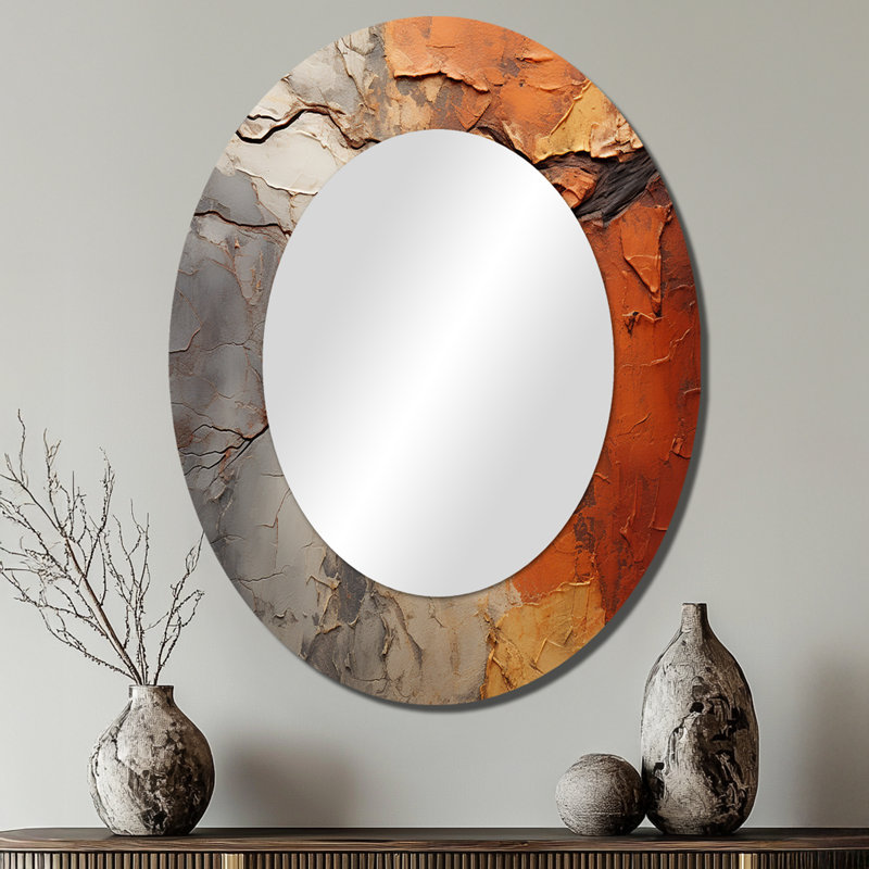 Orange Grey Abstract Redwood Tree Collage - Large Oval Wall Mirror On Metal, 40" x 30"