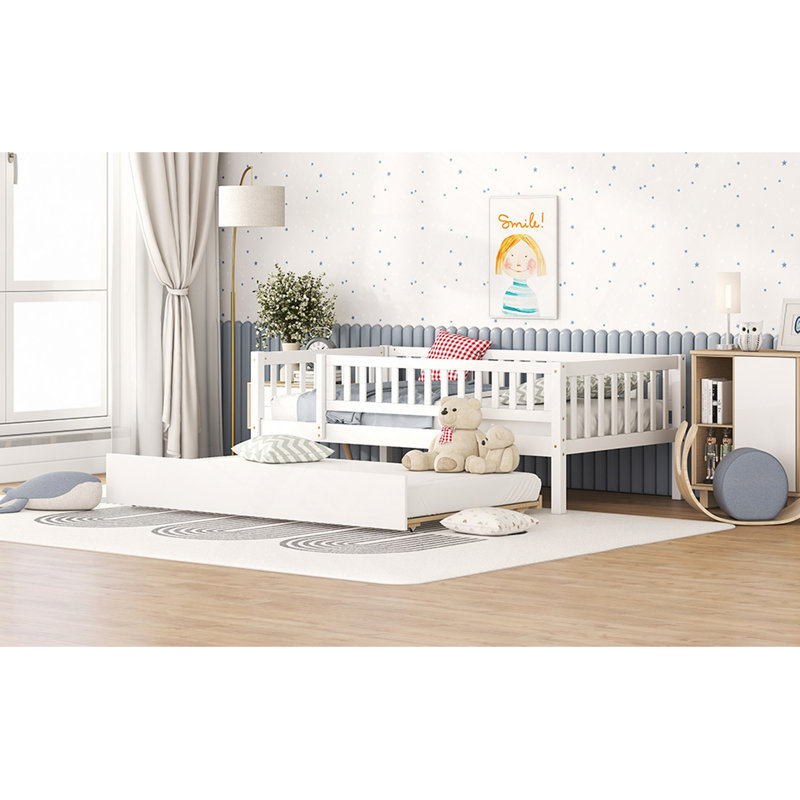 Wood Daybed With Trundle And Fence Guardrails