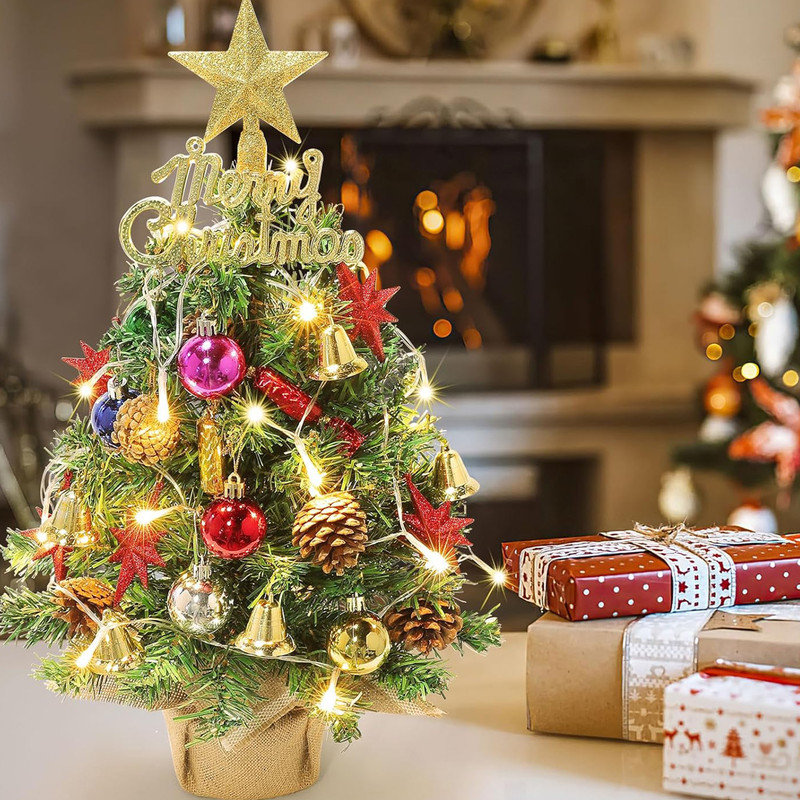 22-Inch Green Plastic Tabletop Christmas Tree with LED Lights and Ornaments