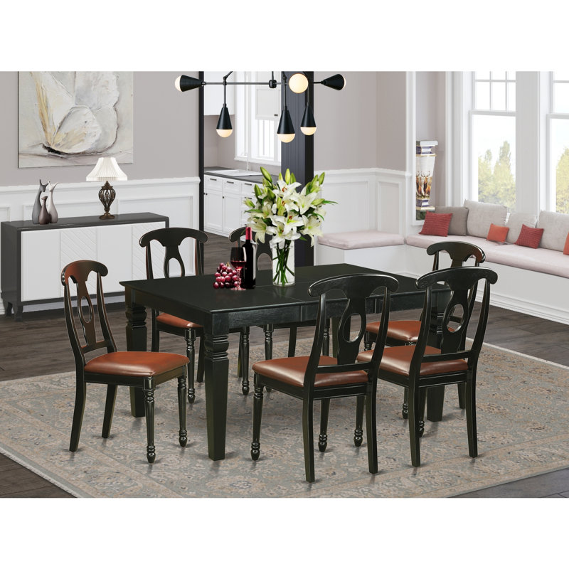 7 Piece Dining Room Table Set Consist of a Rectangle Kitchen Table with Butterfly Leaf and 6 Faux Leather Chairs, Black