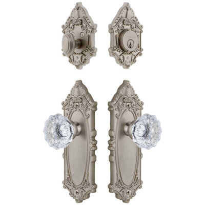 Grandeur Grande Victorian Long Plate Entry Set with Fontainebleau Crystal Knob in Satin Nickel