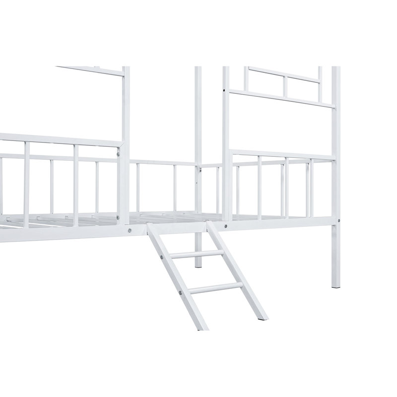 Lit superposé simple contemporain avec design de maison, finition blanche, angle, structure métallique complète, cadre de toit pour chambre à coucher - construction en forme, cadre, utilisation