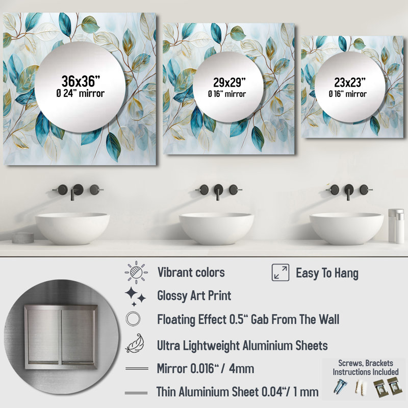 «Green Leaves Charm», art mural miroir carré pour salle de bain, 36 po x 36 po