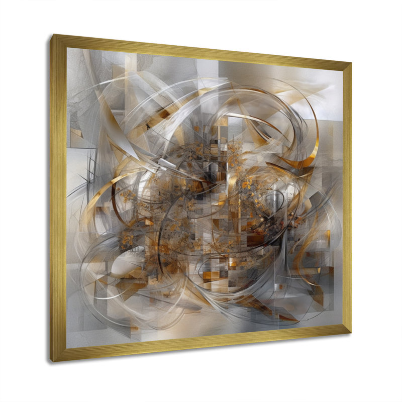 Encre liquide grise et dorée captivante - art abstrait marbre, H 24 po x l 24 po x P 1 po, Encadrement doré