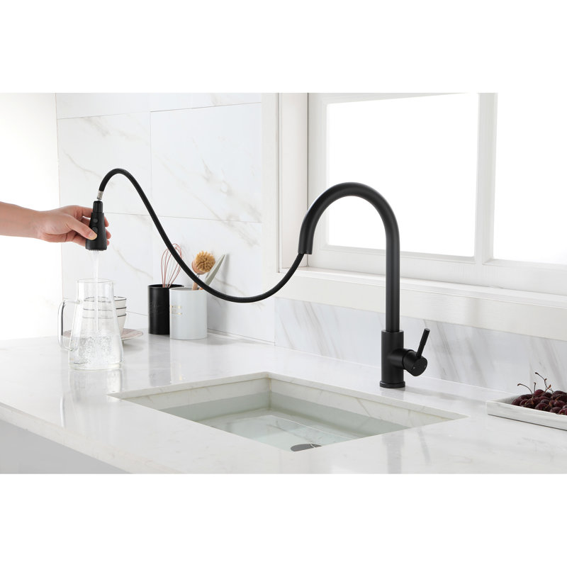 Elegant Kitchen Sink Faucet With Pull-Out , Matte Black Stainless Steel, Creates A Sophisticated Atmosphere Steel Spray, Simple And Contemporary Design For Kitchens
