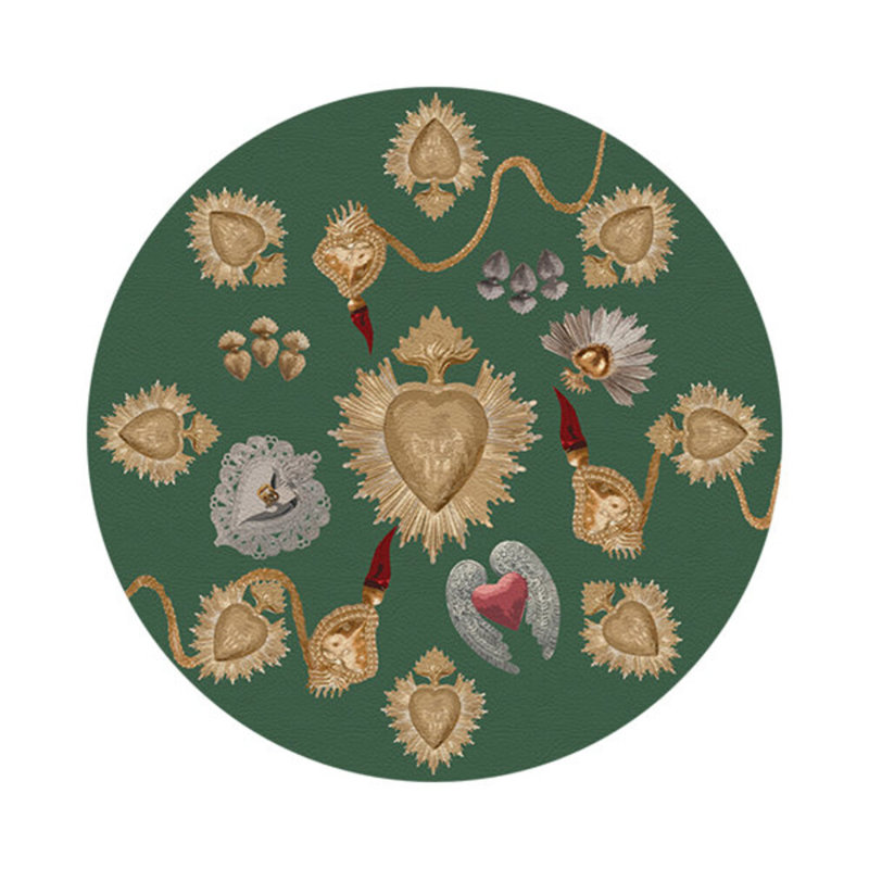 Ex Vote Sacred Hearts Vegan Leather Round Pebble Placemat, Evergreen