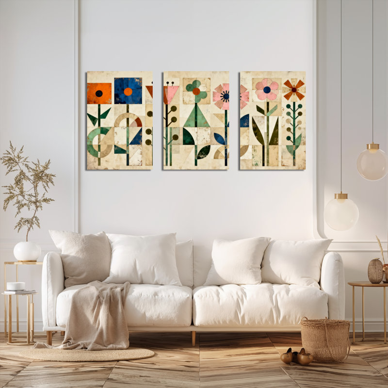 Art mural géométrique sur toile, motif Mid-Century (ensemble de 3), H 36 po x l 72 po