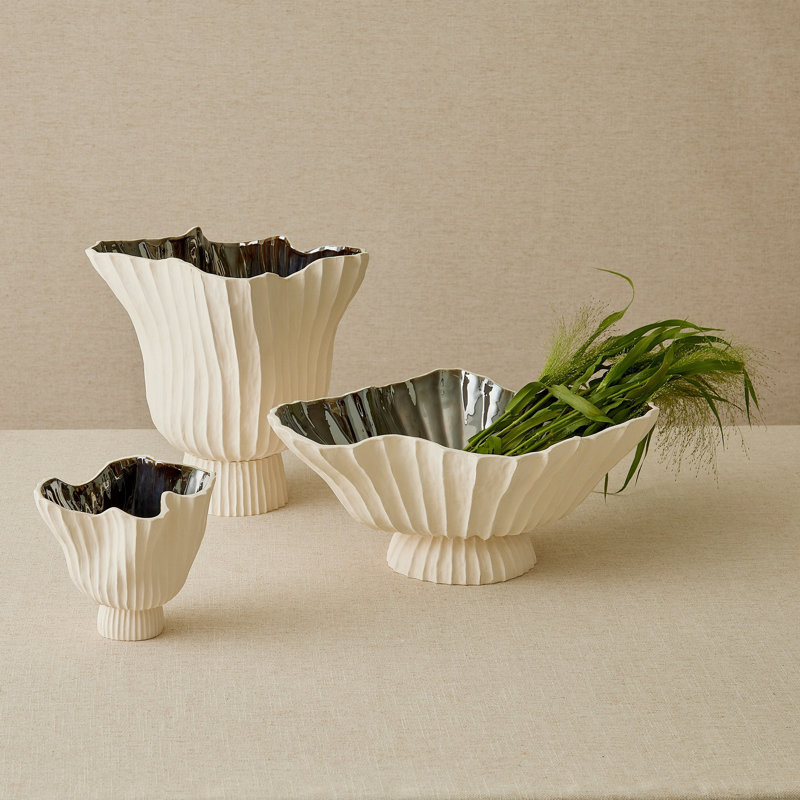 Folha Footed Vase-Black/Metallic-Sm, Off-White, 7.25" H x 8" W x 6.5 D