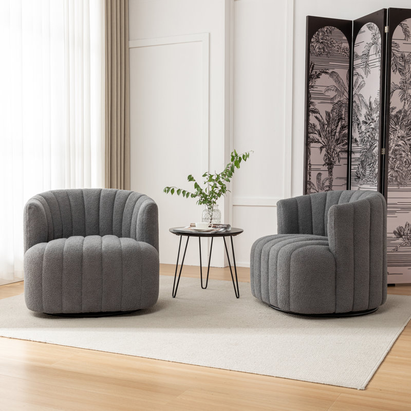 Bryonie Upholstered Swivel Barrel Chair, Gray Teddy