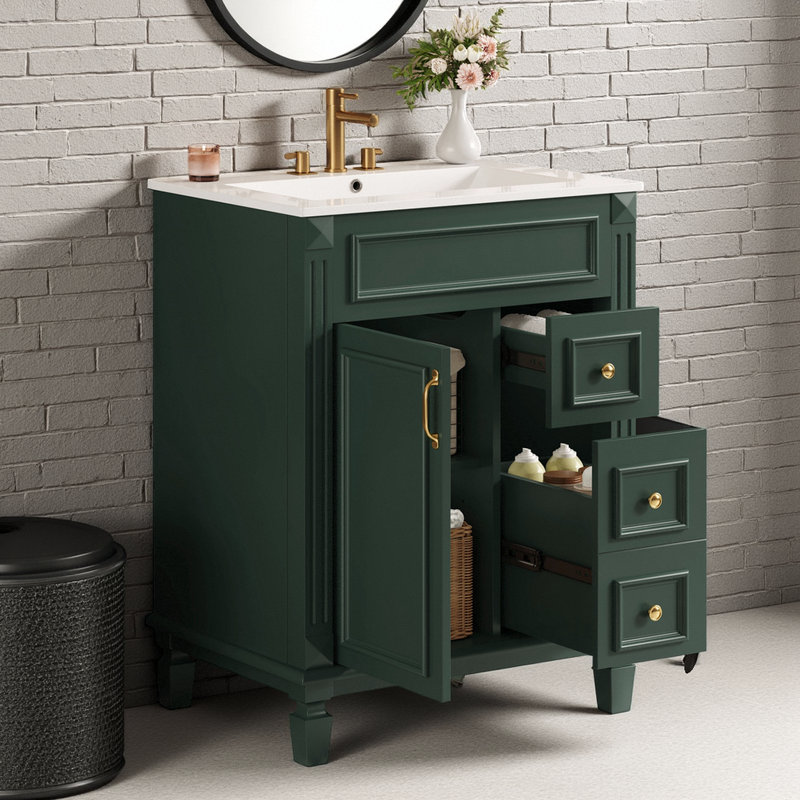 Meuble-lavabo autoportant de 24 po de style français avec lavabo en céramique, Vert