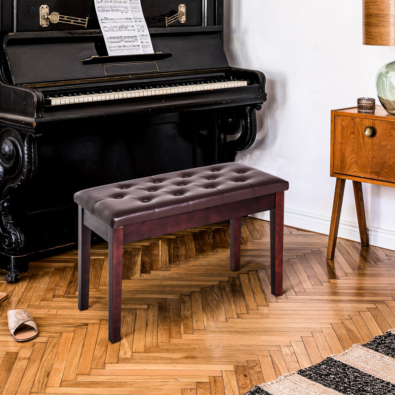 Chaise Duet pour piano avec assise en similicuir brun et structure de base en bois robuste