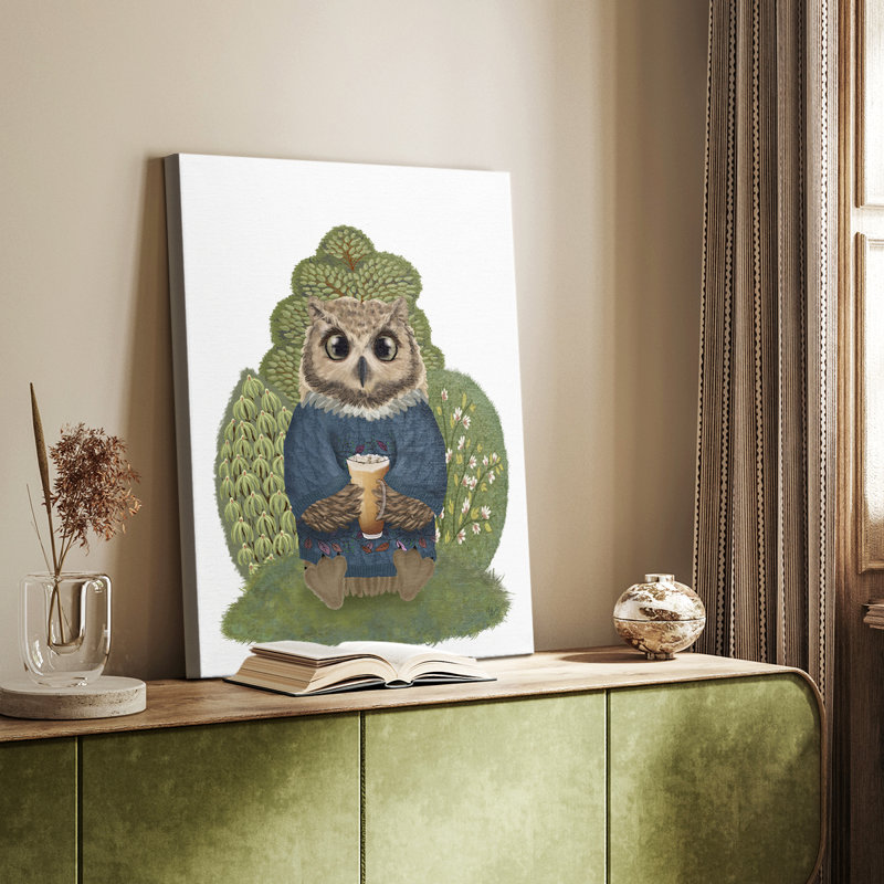 Latte hibou dans un chandail - galerie Cavas sur mesure, H 12 po x l 8 po