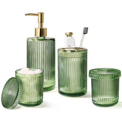 Green Glass Bathroom Accessories 4 Pcs, Green Bathroom Set, Soap Dispenser and Toothbrush Holder Set, Qtip Holder Set, Vintage Bathroom Sink Set, Cute Bathroom Decor