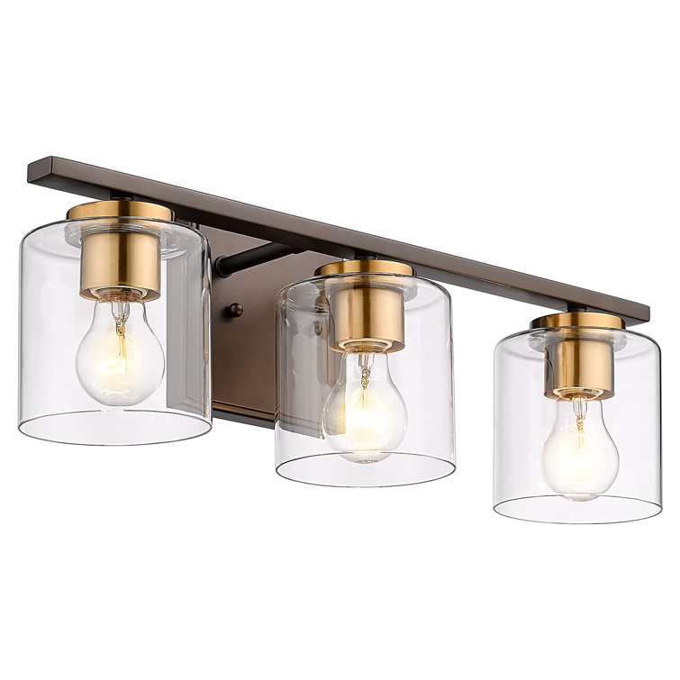 3-Light Farmhouse Vanity Light With Clear Glass Shade In Oil Rubbed Bronze And Gold Finish