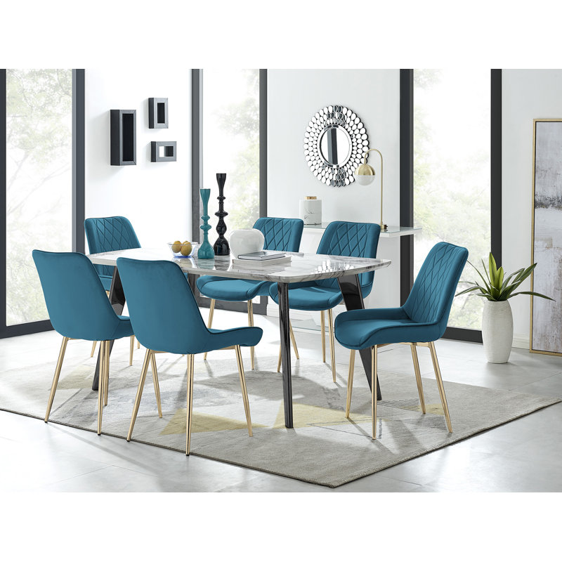 Anders Modern Veneer Marble Effect Dining Table Set with 6 Luxury Velvet Dining Chairs, Blue/Gold