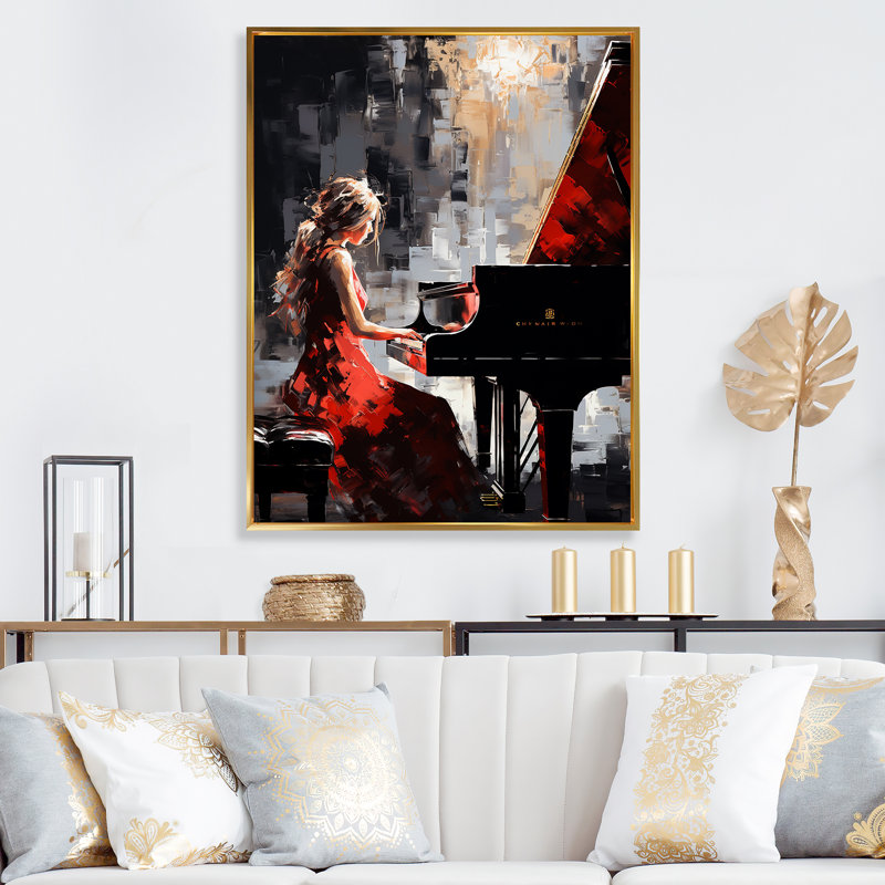«Wum Black Red Music Piano Harmony», reproduction sur toile, H 20 po x l 12 po x P 1 po, Cadre flottant doré