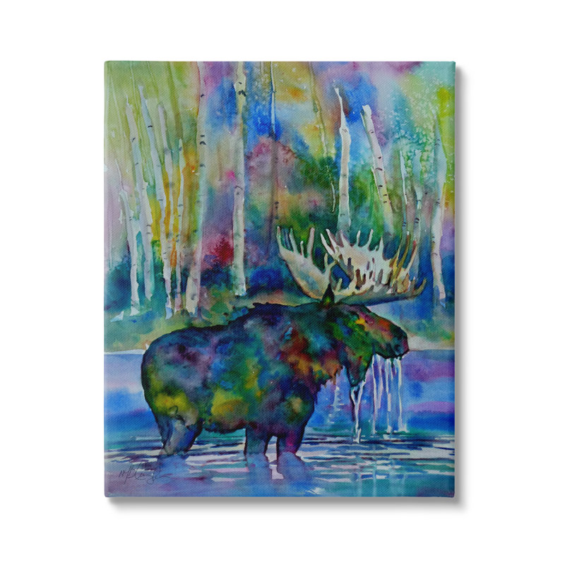 Vibrant Moose Birch Trees Natation Splashing Lake par MB Cunningham - peinture, Toile tendue, H 20 po x l 16 po x P 1,5 po