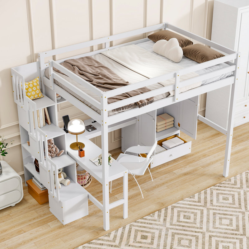 Lit mezzanine double en bois avec bureau, garde-robe, bibliothèque et escalier de rangement, lattes solides, barrières de sécurité, peu encombrant, blanc