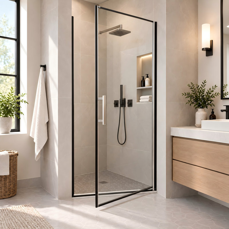 34" W x 72" H Frameless Pivot Shower Door with Reversible Opening, 1/4" Clear Tempered Glass and Safety Film