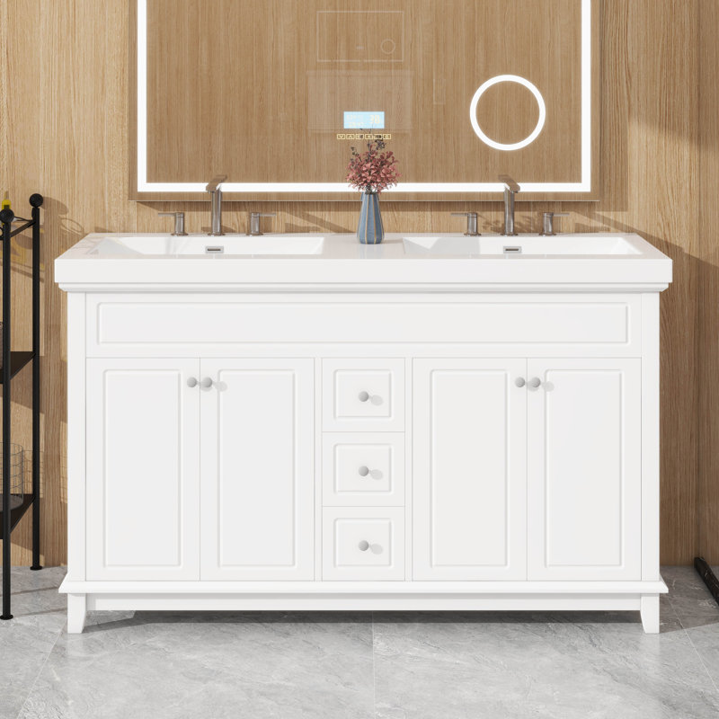 Meuble-lavabo à double cuve 60 ", pieds en bois massif, 3 tiroirs, 4 portes, 2 tablettes double couche, conception à fermeture en douceur