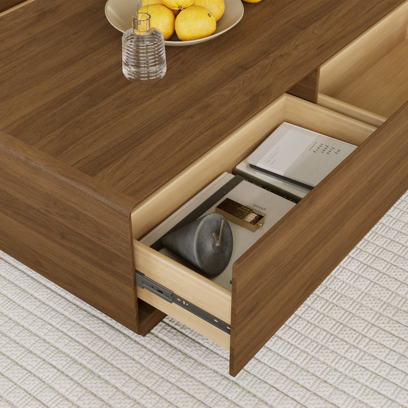 Table basse de 51 po rectangulaire en bois avec rangement, table basse Mid-Century moderne à 4 tiroirs, entièrement assemblée, noyer
