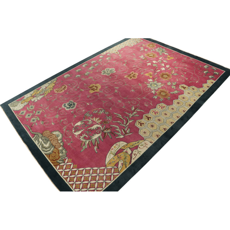 Rug & Kilim's Chinese Deco Style Rug In Pink With Blue Border, Gold Florals