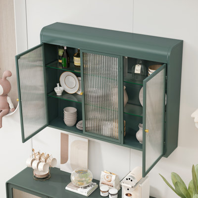 Dark Wall Mounted 3 Door Glass Cabinet. Elegant Interior Design. Ample Storage Capacity. & Robust. Easy Installation Procedure. Functional Attractive. For Kitchen, Living Room, Bathroom. 35.61In D,