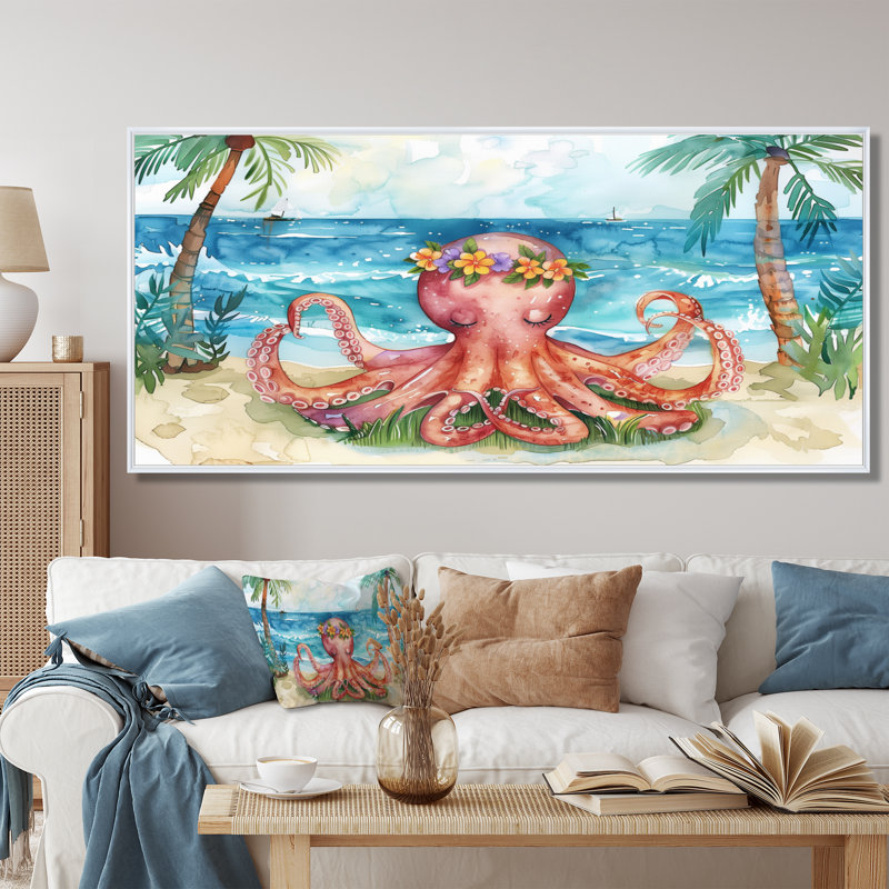 Pieuvre méditant sur la plage à Hawaï - Pieuvre / calmar, art mural, salon, Toile encadrée flottée blanche